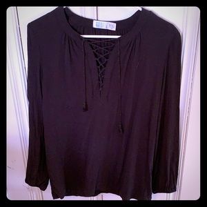 Black Long Sleeve Top with Lace-Up Neck